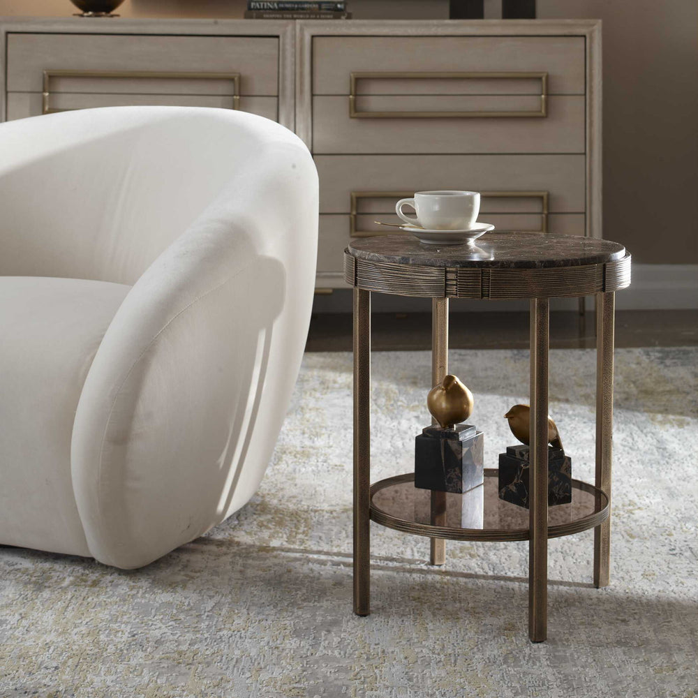 Cusano - Round Dark Marble Accent Table - Brass / Brown