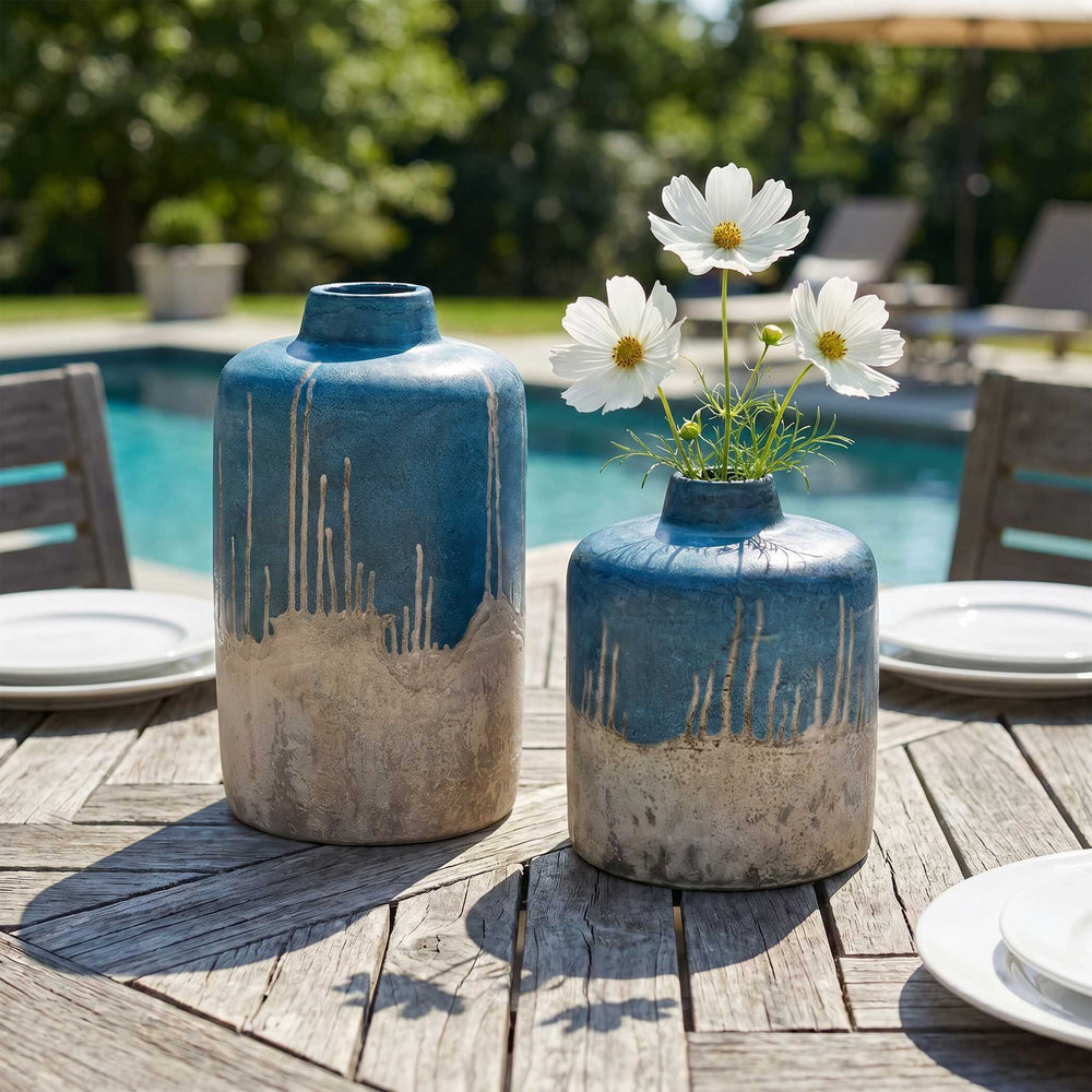 Coastal Cascade - Indoor-Outdoor Vases (Set of 2) - Blue / White