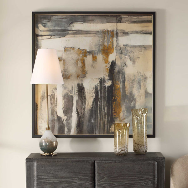Landslide - Framed Abstract Print - Black / Brass / Gold / Gray / Orange / White / Yellow