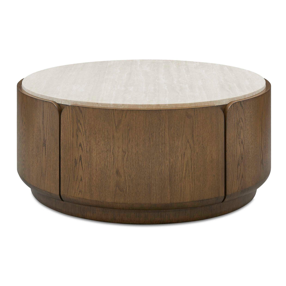 Tindall - Round Travertine Coffee Table - Brown / White / Woodtone