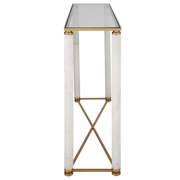 White - Pillar Console Table - Brass / White