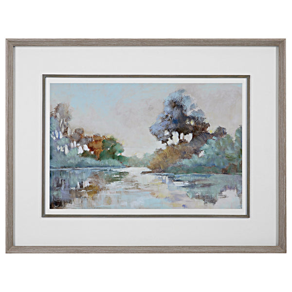 Morning Lake - Watercolor Framed Print - Blue