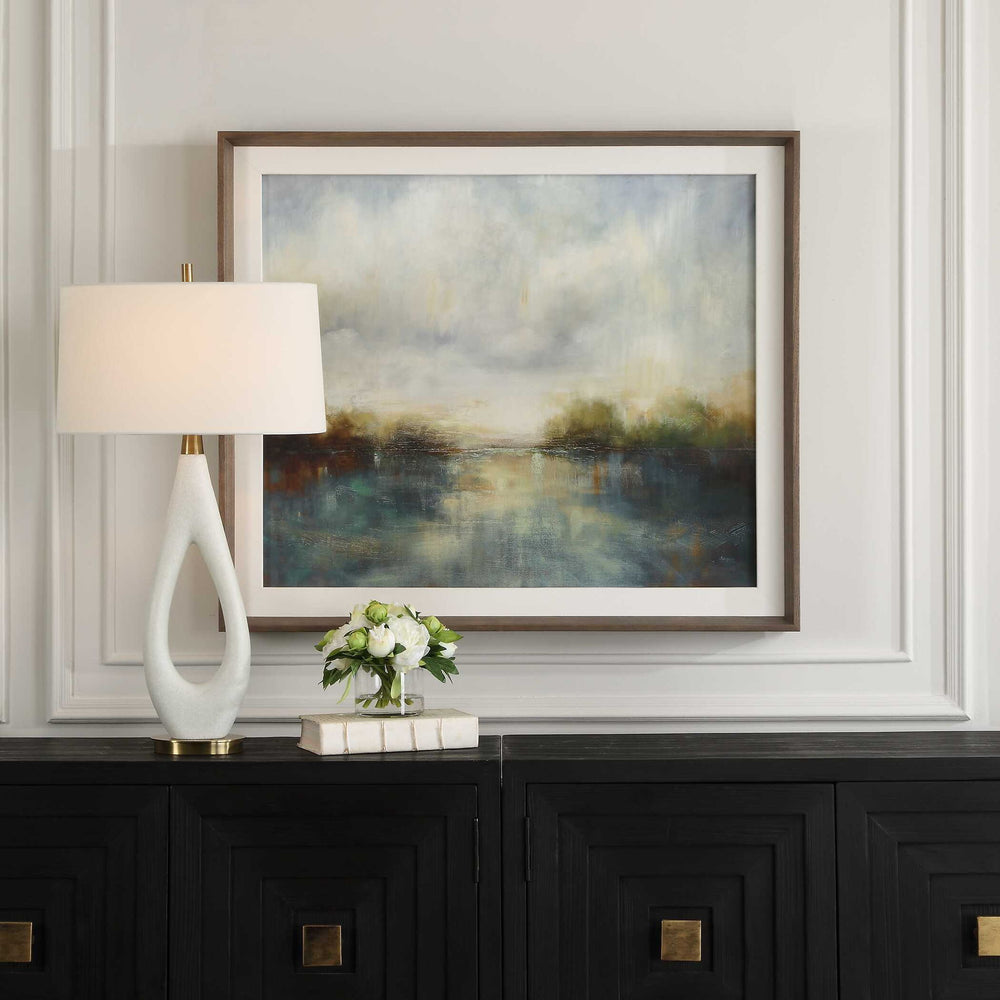 Blue Reverie - Framed Abstract Lake Print - Light Brown